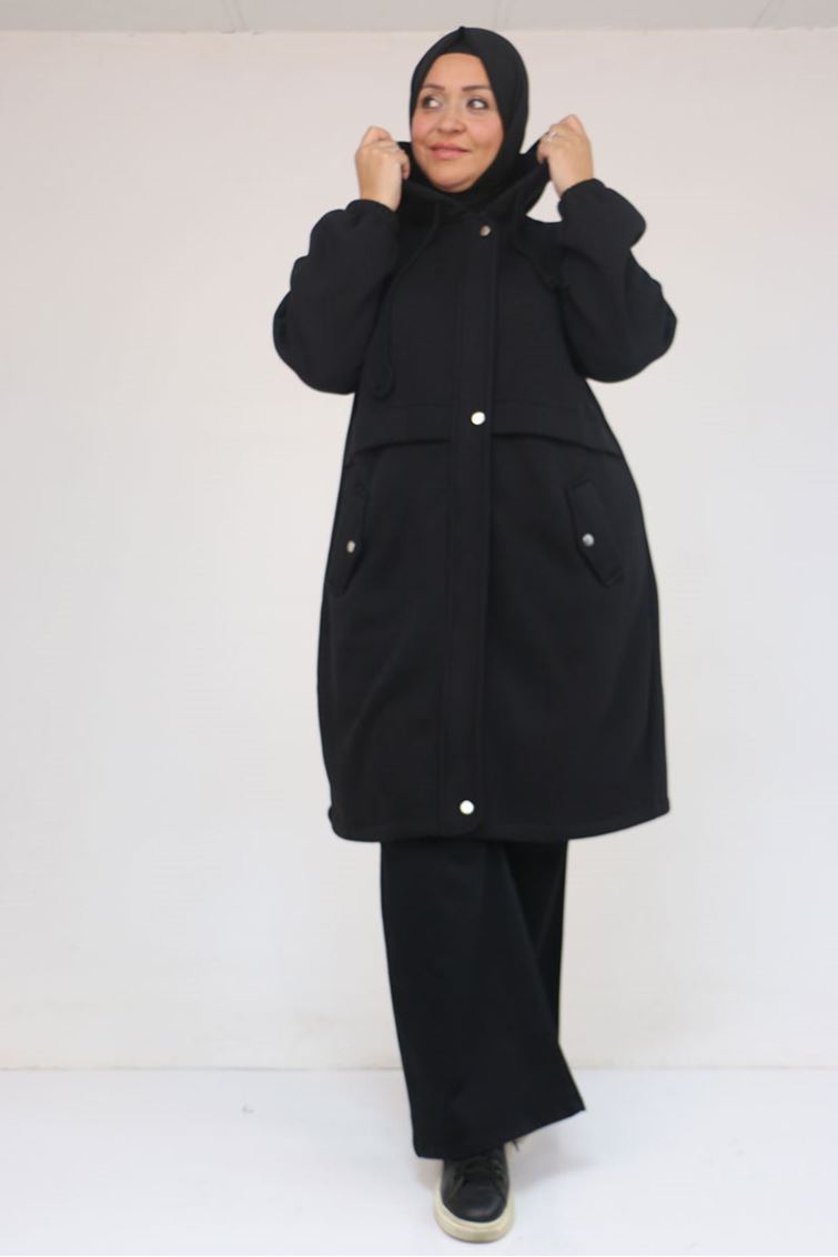 43076 Büyük Beden Cepli Kapşonlu Üç İplik Kap - Siyah