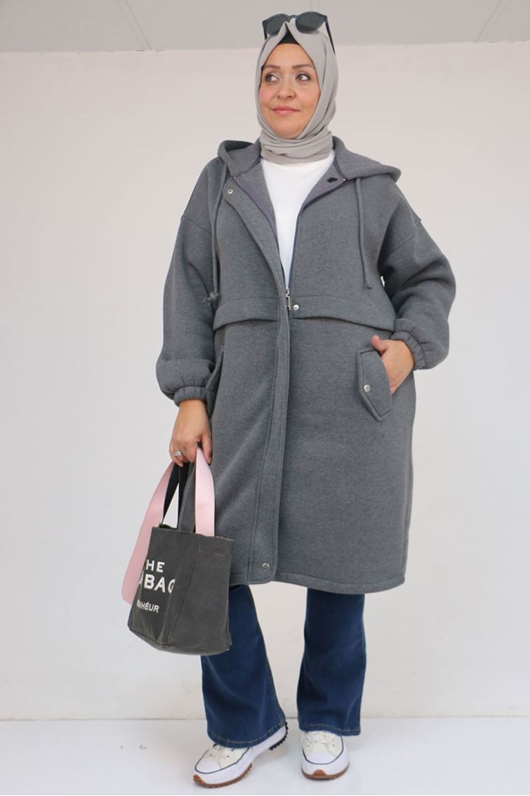 43076 Büyük Beden Cepli Kapşonlu Üç İplik Kap - Antrasit