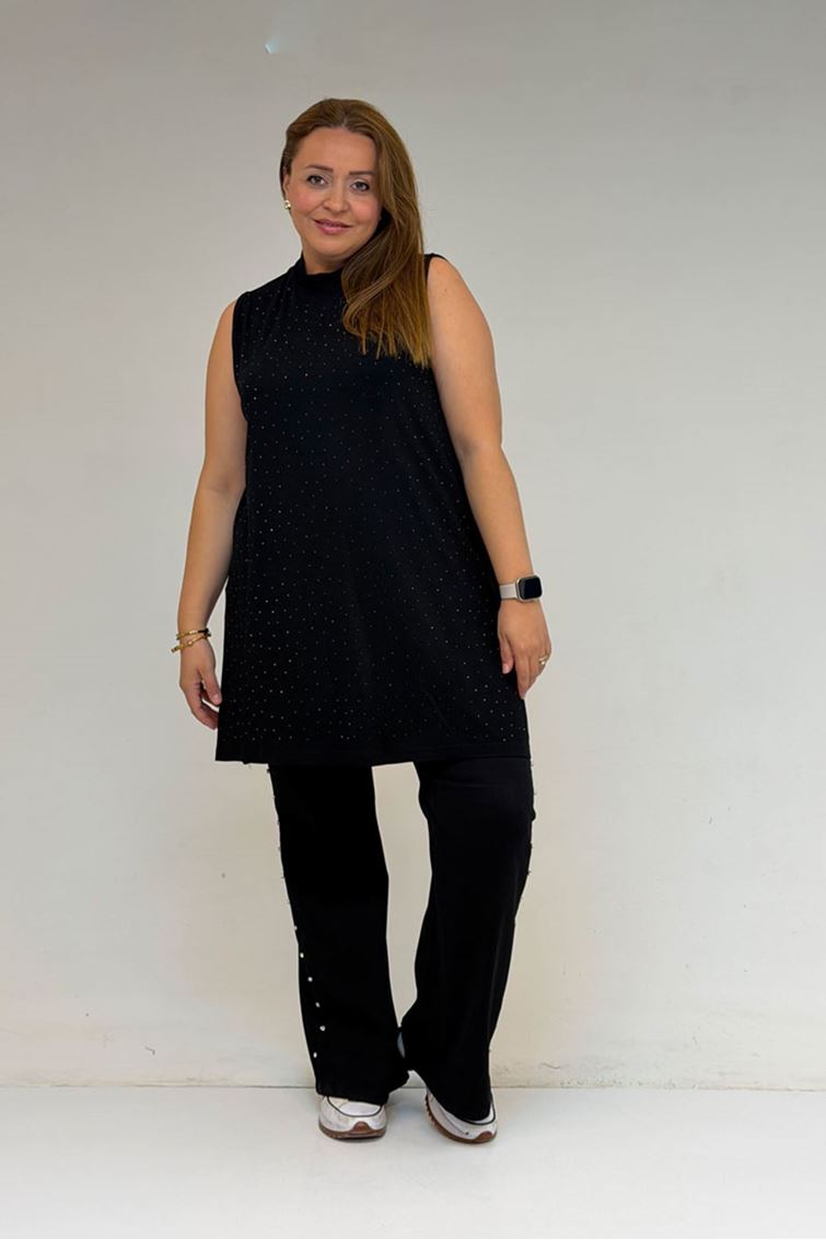 58506 Büyük Beden Taş Baskılı Penye İçlik - Siyah