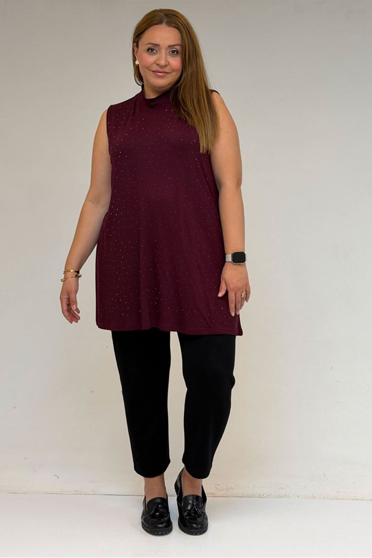 58506 Büyük Beden Taş Baskılı Penye İçlik - Bordo