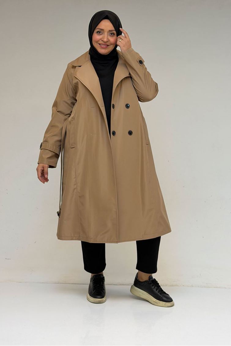 33094 Büyük Beden Bondit Kemerli Trençkot - Vizon