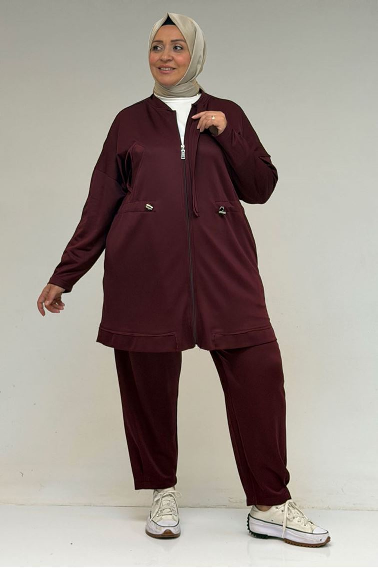 47076 Büyük Beden Belinde Lastik Detaylı Yarım Patlı Pantolonlu Takım - Bordo
