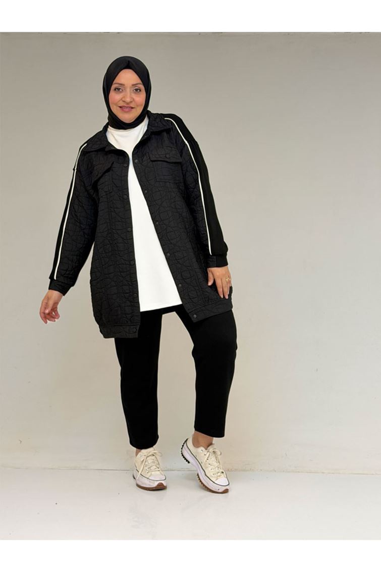 53029 Büyük Beden Biye Detaylı Kombinli Modal-Kapitone Ceket - Siyah-Siyah