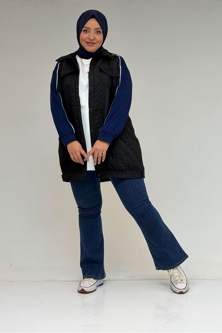 53029 Büyük Beden Biye Detaylı Kombinli Modal-Kapitone Ceket - Siyah-İndigo