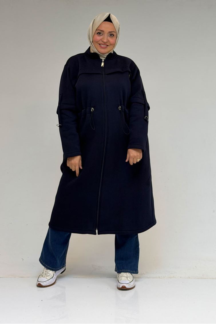 43065 Büyük Beden Hakim Yaka Önden Fermuarlı Üç İplik Kap - Lacivert