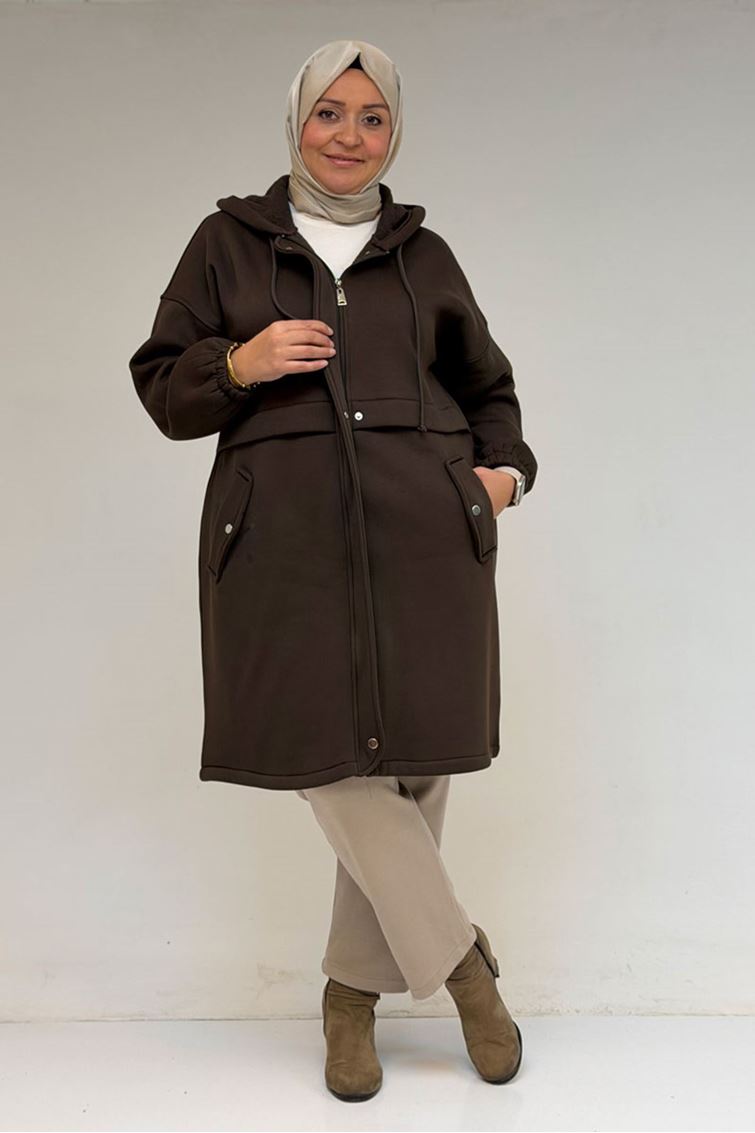 43076 Büyük Beden Cepli Kapşonlu Üç İplik Kap - Kahve