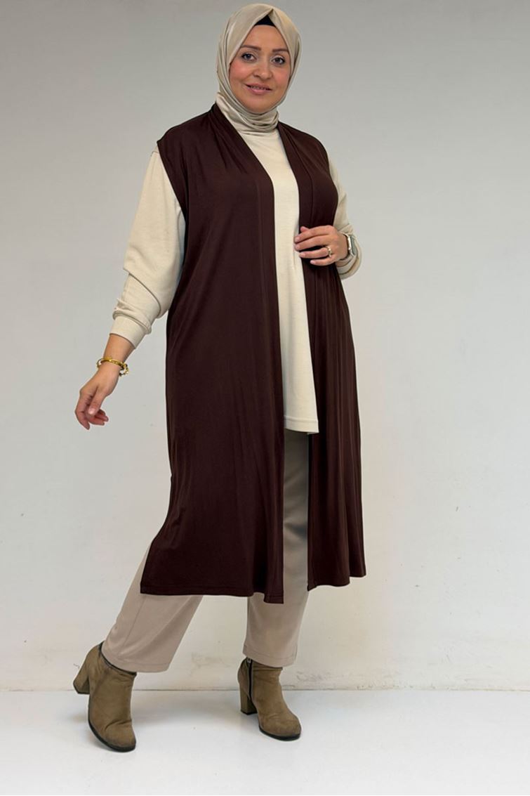 34000 Büyük Beden Penye Giy-Çık Yelek - Kahverengi