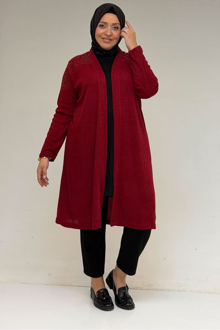 53047 Büyük Beden Omzu Taş Detaylı Mir Ceket - Bordo