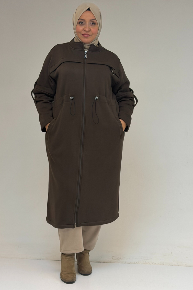 43065 Büyük Beden Hakim Yaka Önden Fermuarlı Üç İplik Kap - Kahve