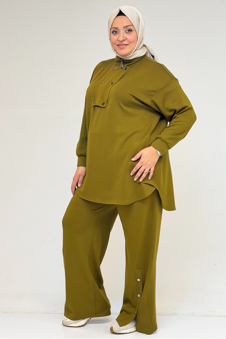 57034 Büyük Beden Çift Düğme Detaylı Modal Pantolonlu Takım - Yağ Yeşili