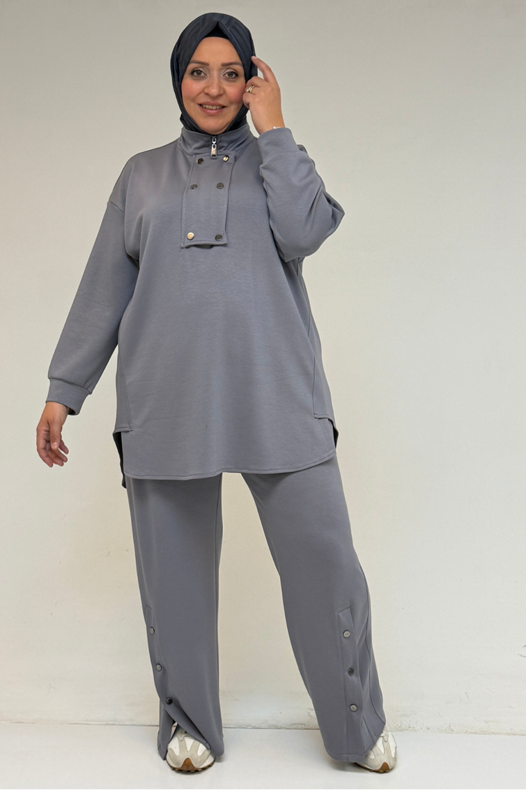 57034 Büyük Beden Çift Düğme Detaylı Modal Pantolonlu Takım - Gri