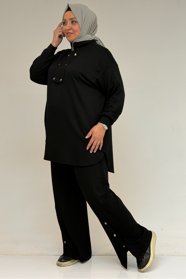 57034 Büyük Beden Çift Düğme Detaylı Modal Pantolonlu Takım - Siyah