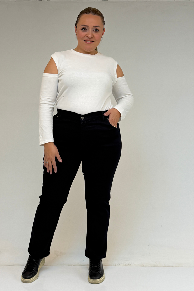 9185-4 Büyük Beden Taşlamalı Boru Paça  Kot Pantolon - Siyah