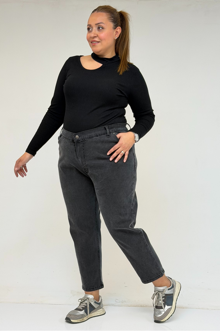 9125-6 Büyük Beden Boy Friend Kot Pantolon -Kar Yıkama Siyah