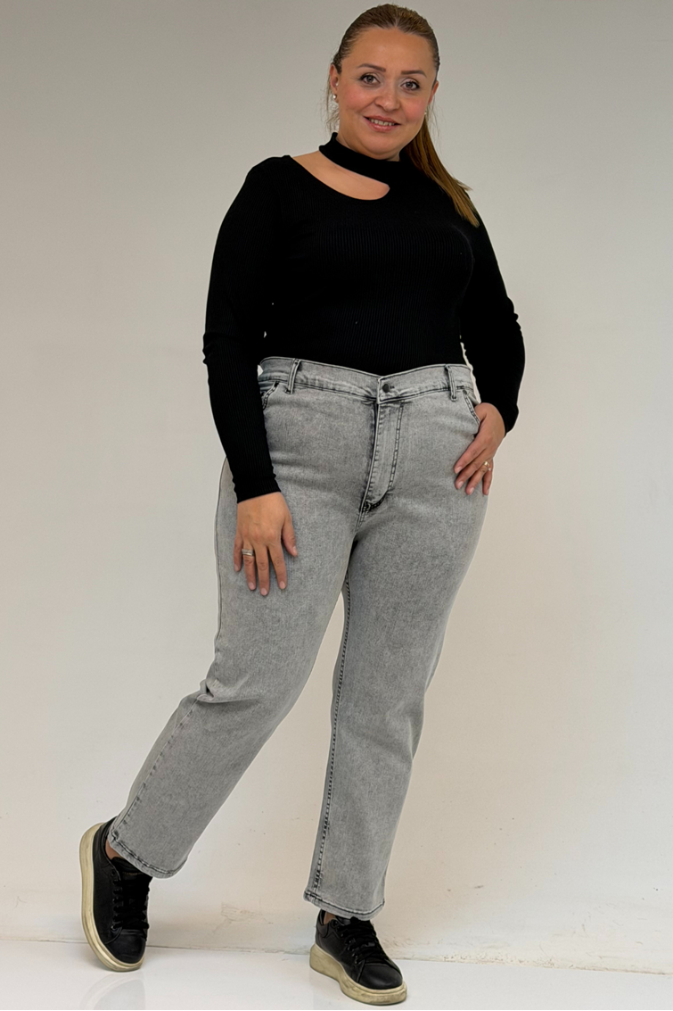 9125-6 Büyük Beden Boy Friend Kot Pantolon -  Kar Yıkama Gri