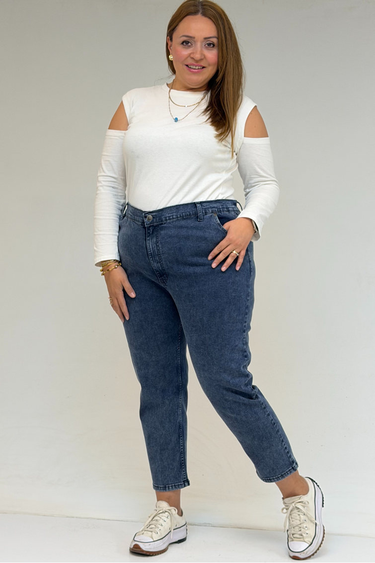 9125-6 Büyük Beden Boy Friend Kot Pantolon -Lacivert