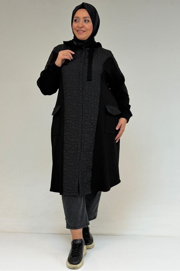 53030  Büyük Beden Kapşonlu Cepli Kapitone-Modal Kap - Siyah-Siyah