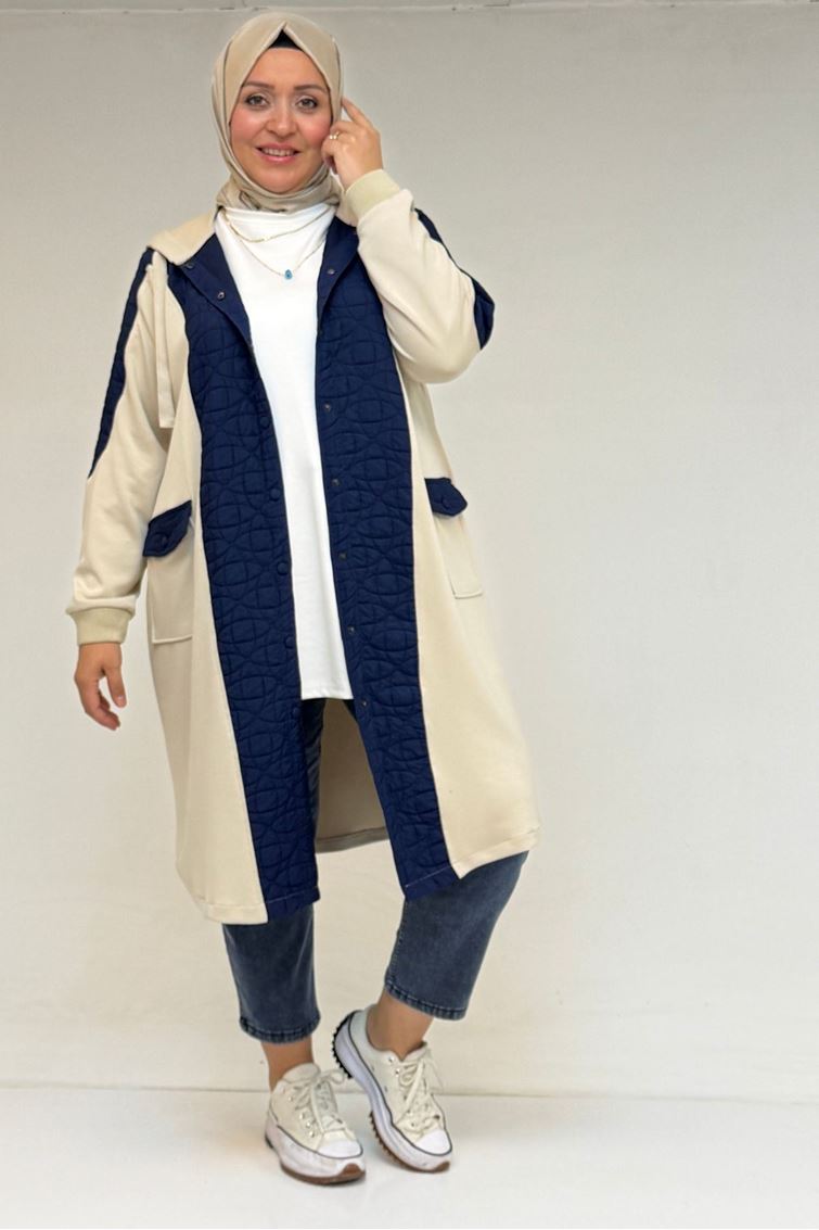 53030  Büyük Beden Kapşonlu Cepli Kapitone-Modal Kap - İndigo-Bej