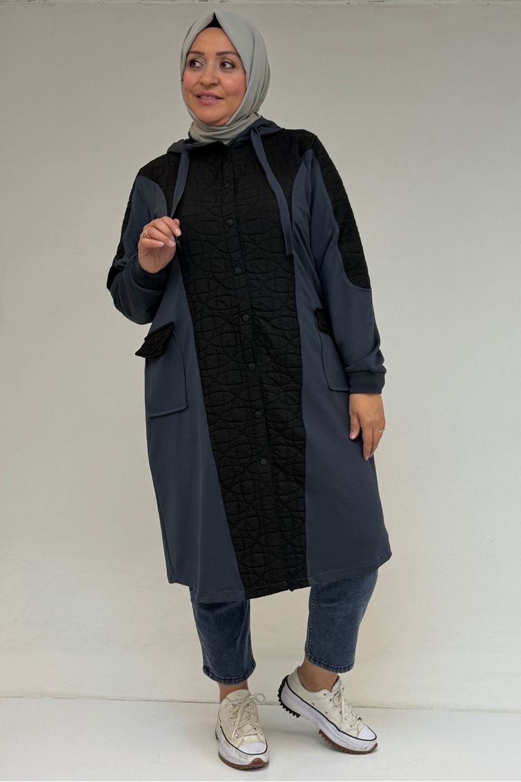 53030  Büyük Beden Kapşonlu Cepli Kapitone-Modal Kap - Siyah-Antrasit