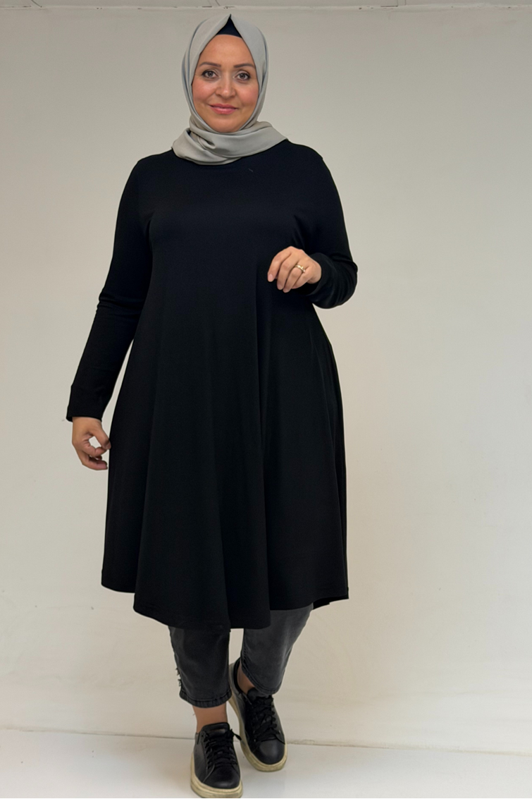 28016 Büyük Beden Mevlana Penye Tunik - Siyah