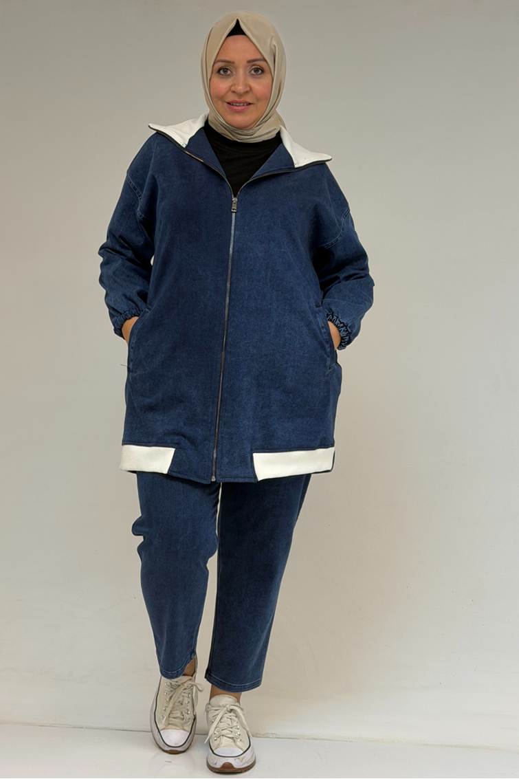 57081 Büyük Beden İki İplik Kombinli Kot Pantolonlu Takım - Lacivert