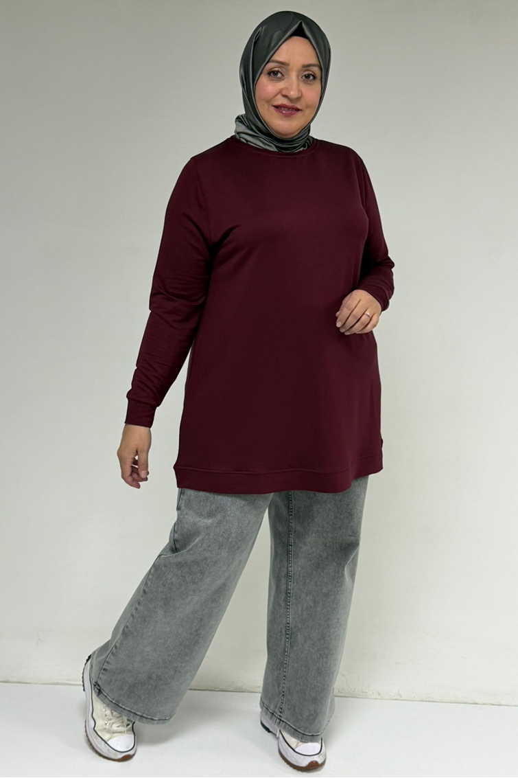 58170-E Büyük Beden Eteği Kendi Kumaşından Ribanalı Kristal Tunik - Bordo