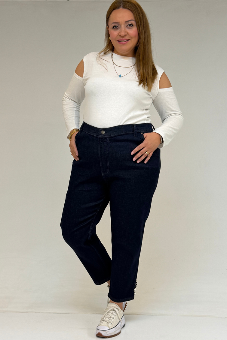 59045 Büyük Beden Paçası Taş Detaylı Boyfriend Kot Pantolon - Koyu Lacivert