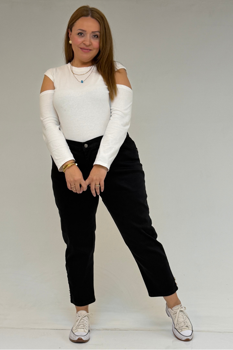 59045 Büyük Beden Paçası Taş Detaylı Boyfriend Kot Pantolon - Siyah