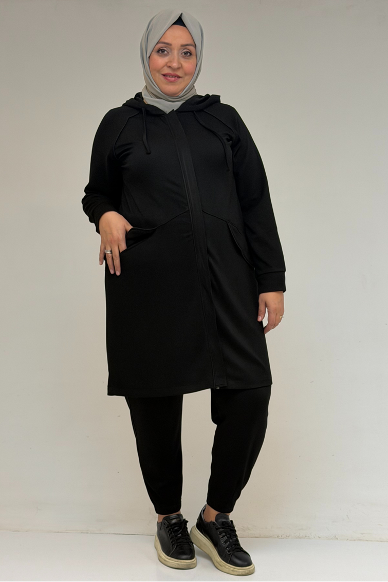47068 Büyük Beden Çıtçıt Detaylı Modal Tunik Takım - Siyah