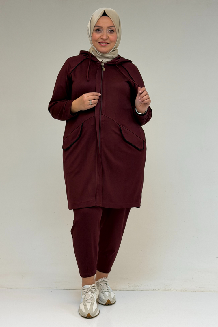 47068 Büyük Beden Çıtçıt Detaylı Modal Tunik Takım  - Bordo
