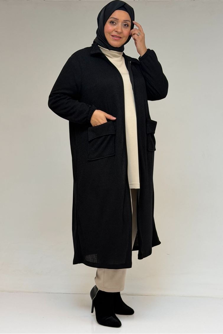 53064 Büyük Beden Fermuarlı Detaylı Mir Ceket - Siyah