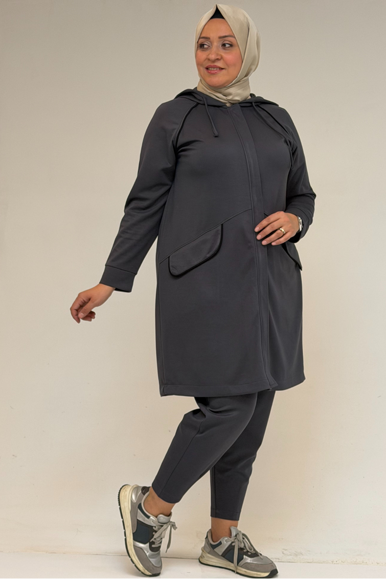 47068 Büyük Beden Çıtçıt Detaylı Modal Tunik Takım  - Antrasit