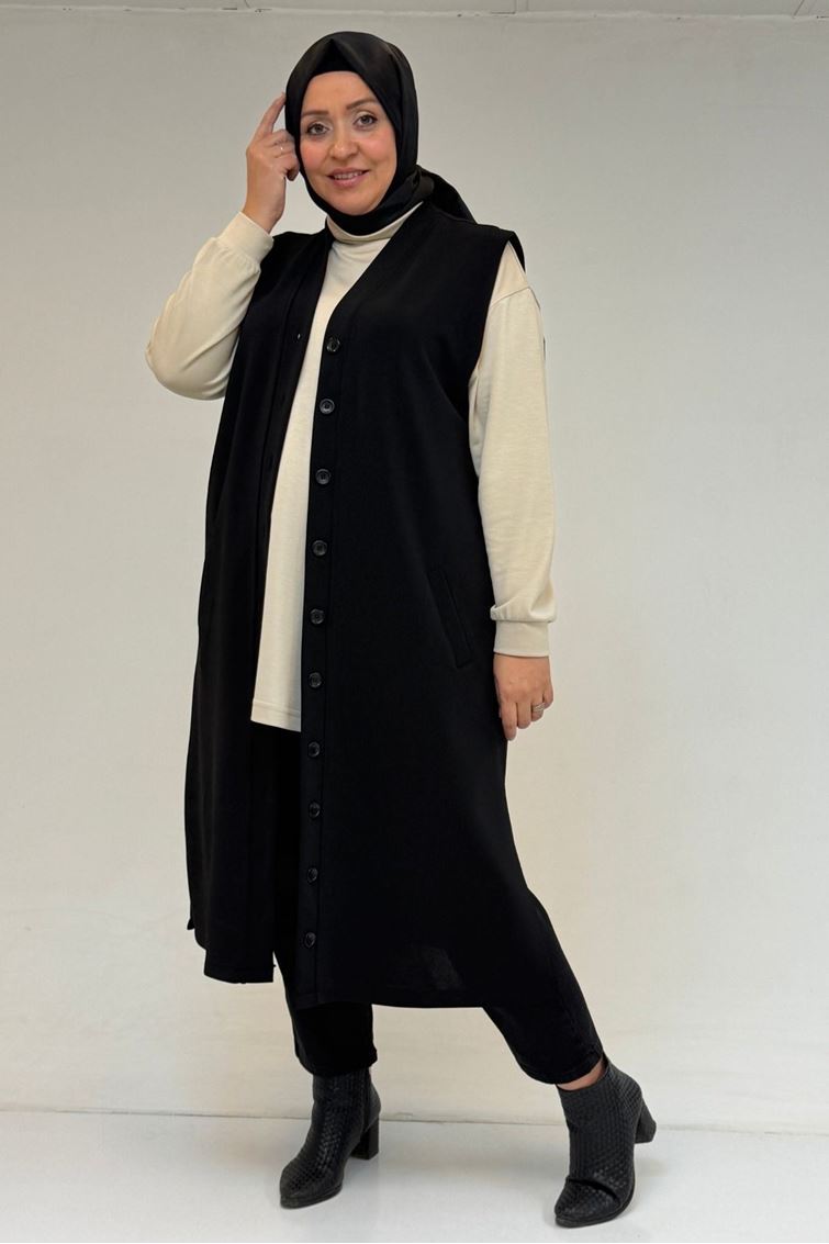 54016 Büyük Beden Yırtmaçlı Uzun Çelik Yelek - Siyah