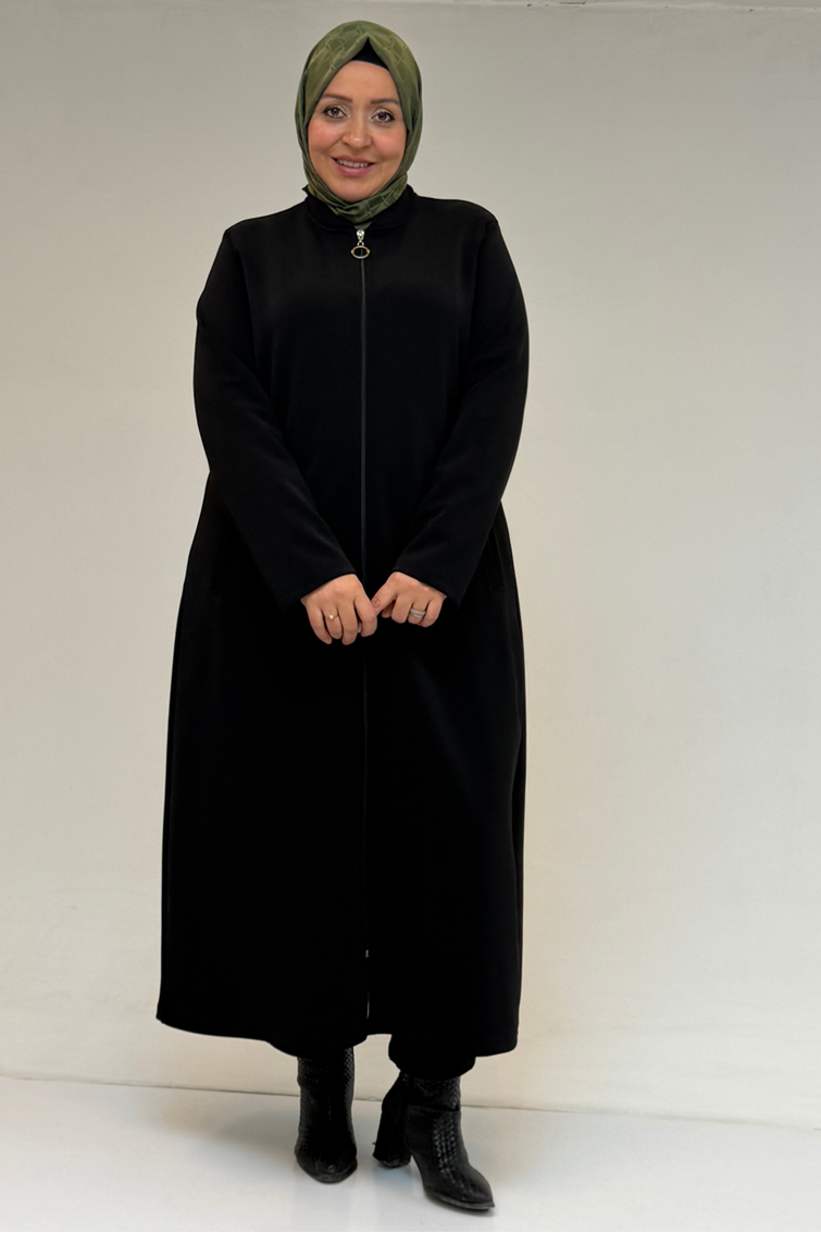 53070 Büyük Beden Fermuarlı Çelik Ceket - Siyah