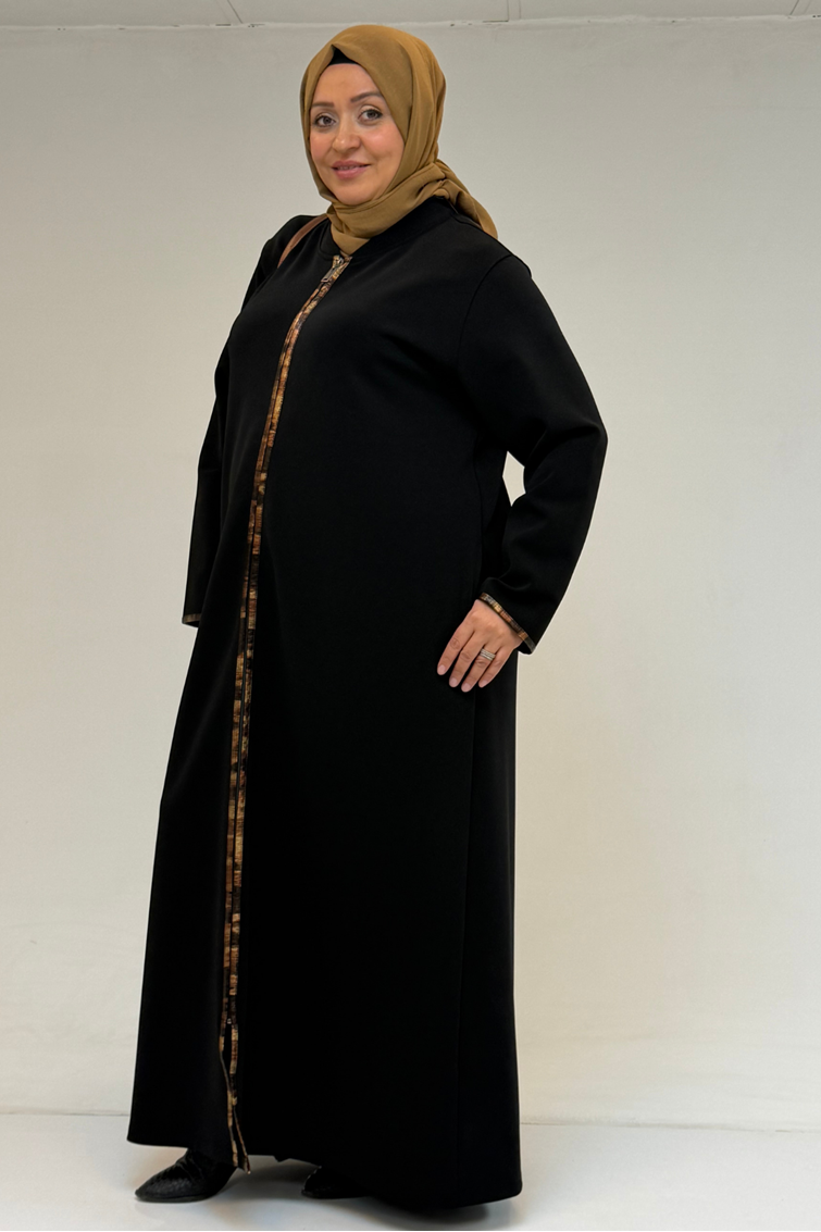 56019 Büyük Beden Biyeli Fermuarlı Hakim Yakalı Çelik Ferace - Siyah