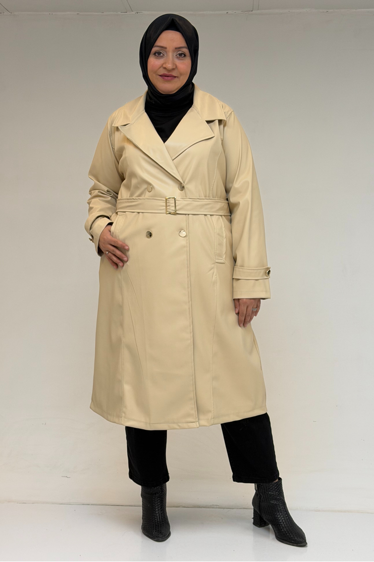 53073 Büyük Beden Kemerli Deri Trençkot - Bej