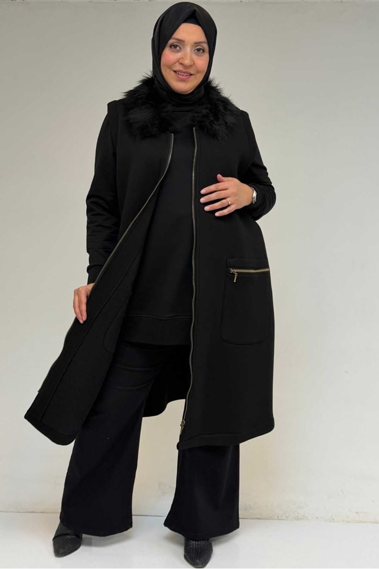 44006-E Büyük Beden Cepleri Fermuarlı Üç İplik Yelek - Siyah