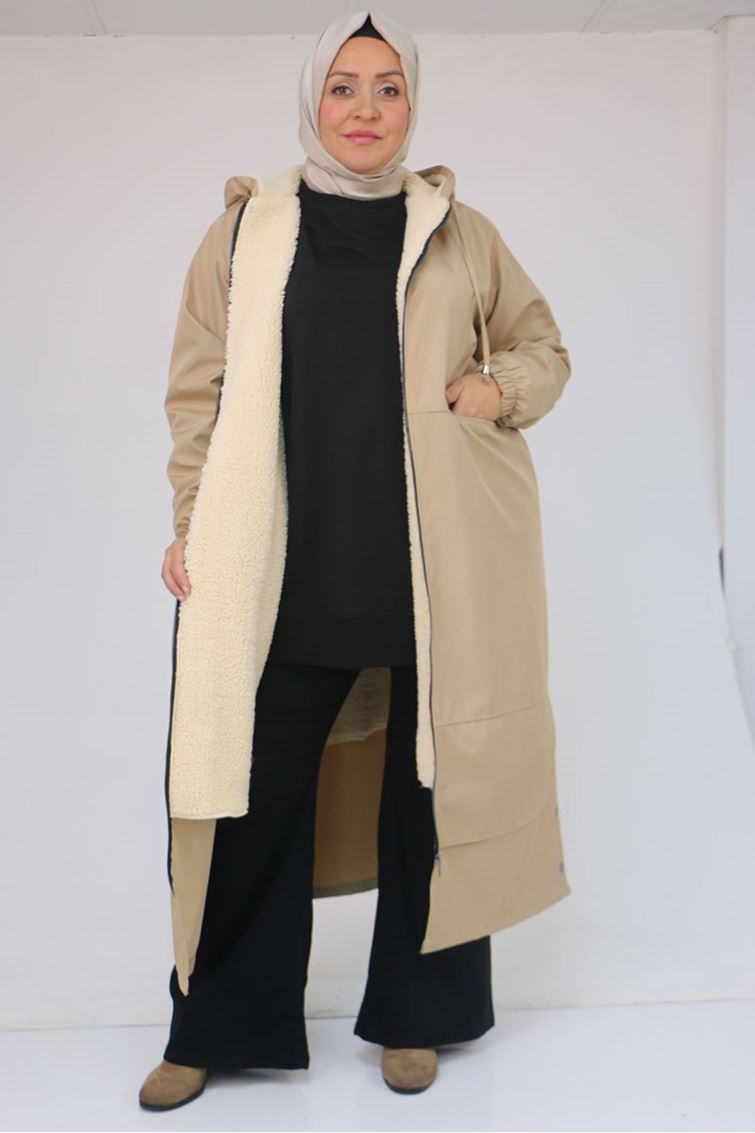 43062-E Büyük Beden Kolları Lastikli Kapşonlu Bondit Kap - Bej 