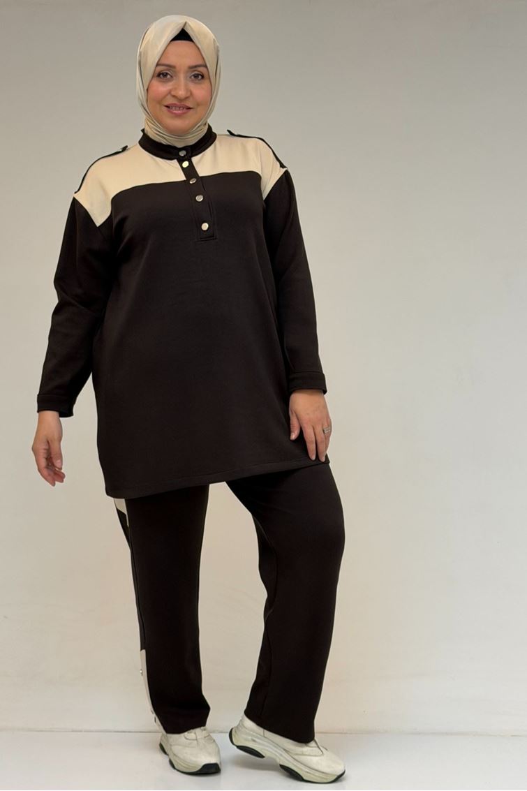 57042 Büyük Beden Yarım Patlı Çıtçıtlı Modal Pantolonlu Takım - Kahve