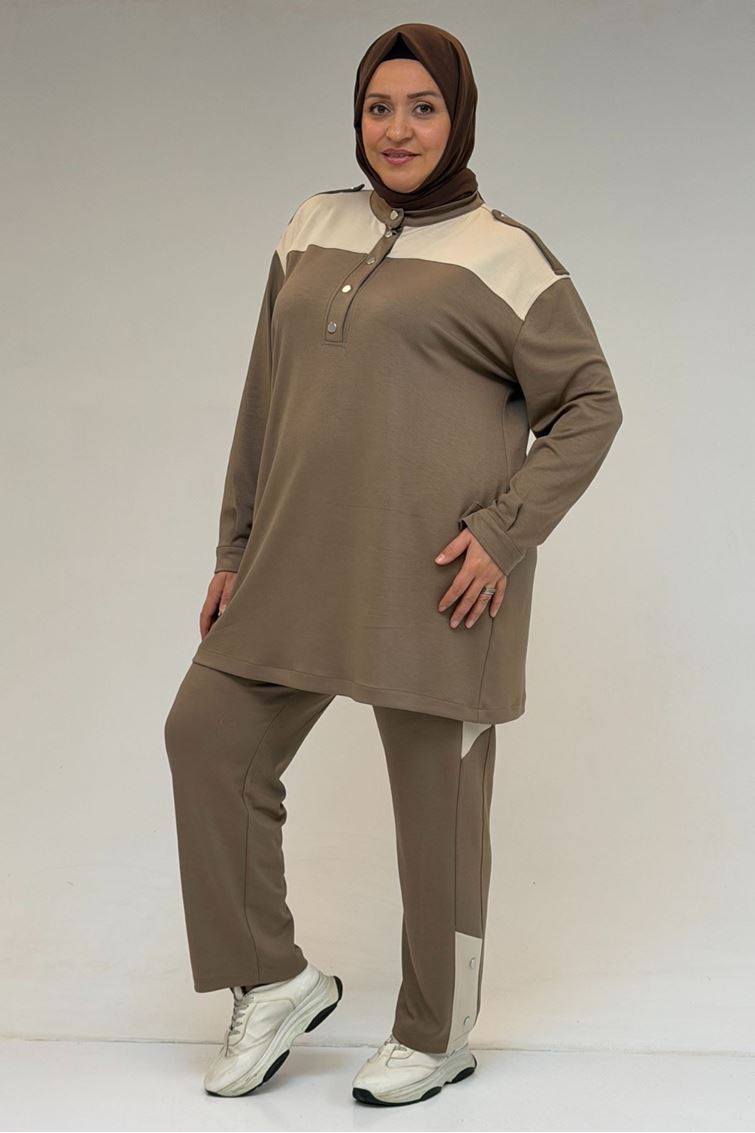 57042 Büyük Beden Yarım Patlı Çıtçıtlı Modal Pantolonlu Takım - Vizon