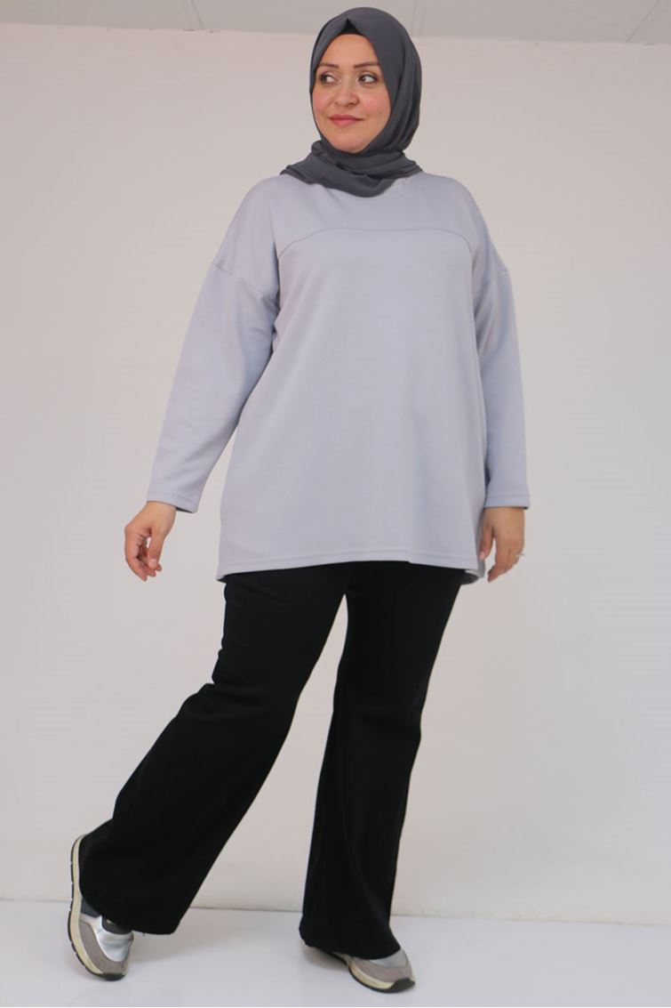 58132-E Büyük Beden Önü Çıma Detaylı Yanı Yırtmaçlı Modal Tunik - Gri