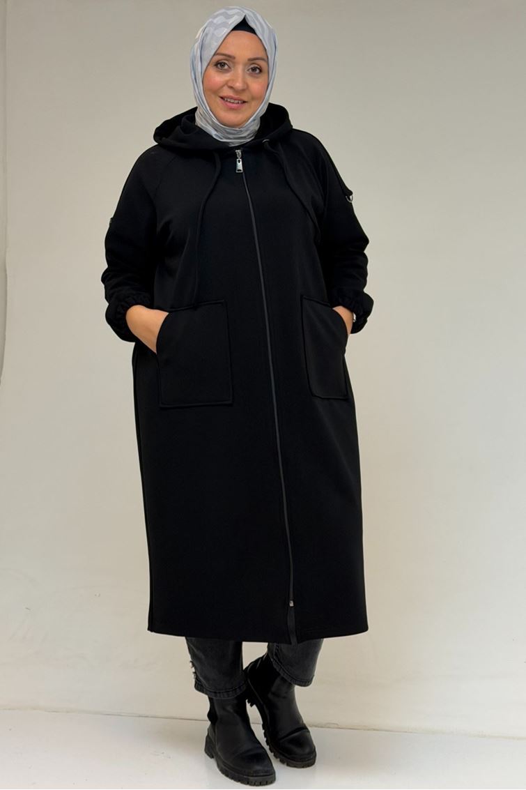 53074-E Büyük Beden Fermuarlı Reglan Kol Çelik Ceket - Siyah