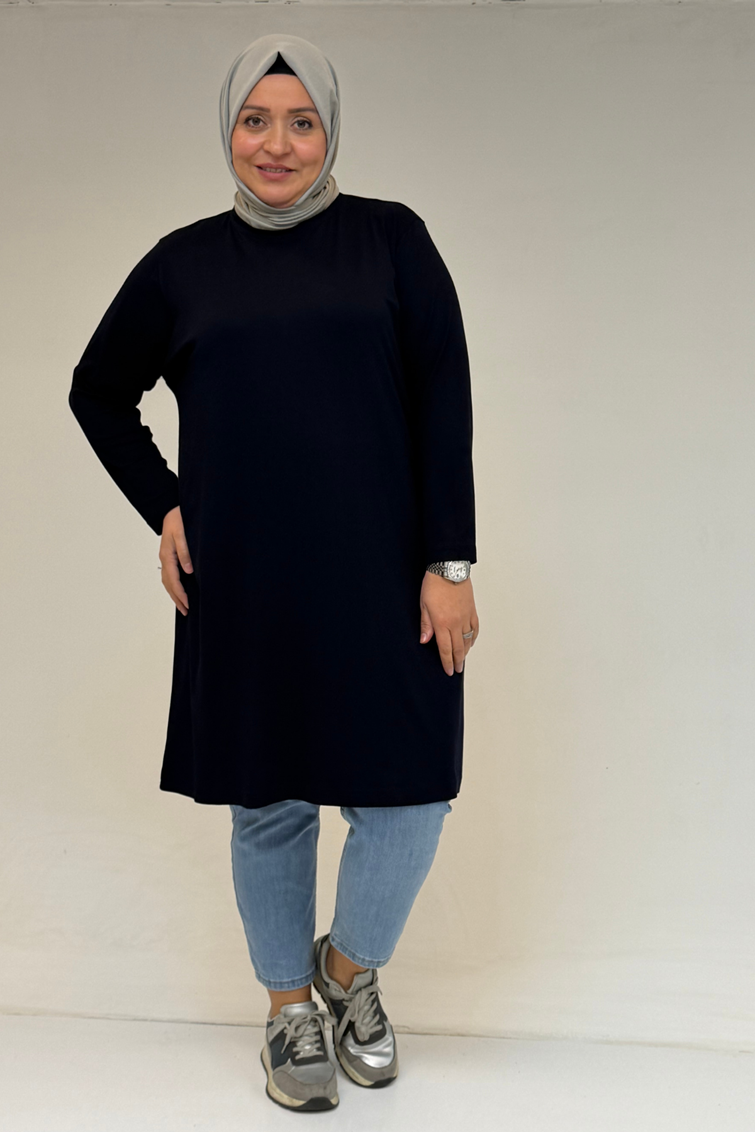 38501 Büyük Beden Basic Penye Tunik - Lacivert