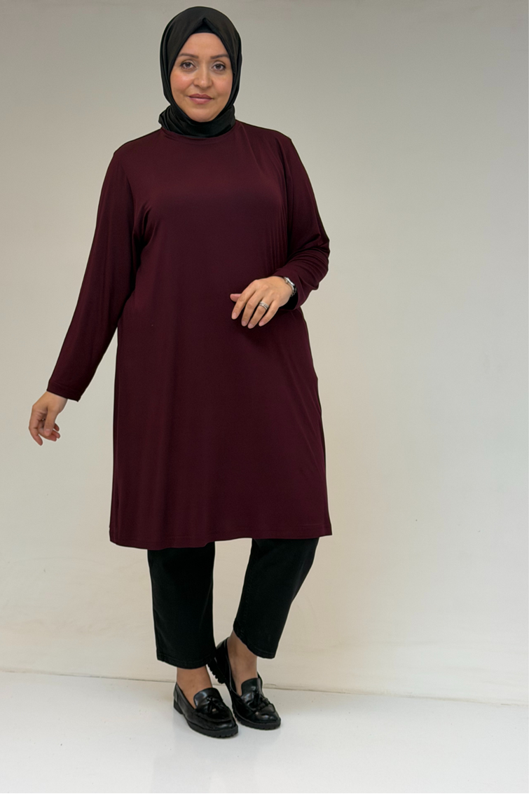 38501 Büyük Beden Basic Penye Tunik -  Bordo