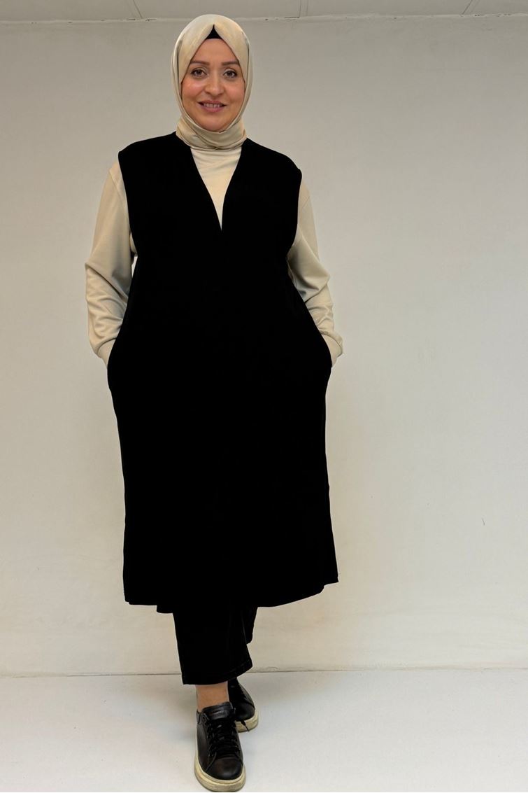 54017 Büyük Bedenkaplama Düğmeli Giy-Çık Penye Yelek - Siyah