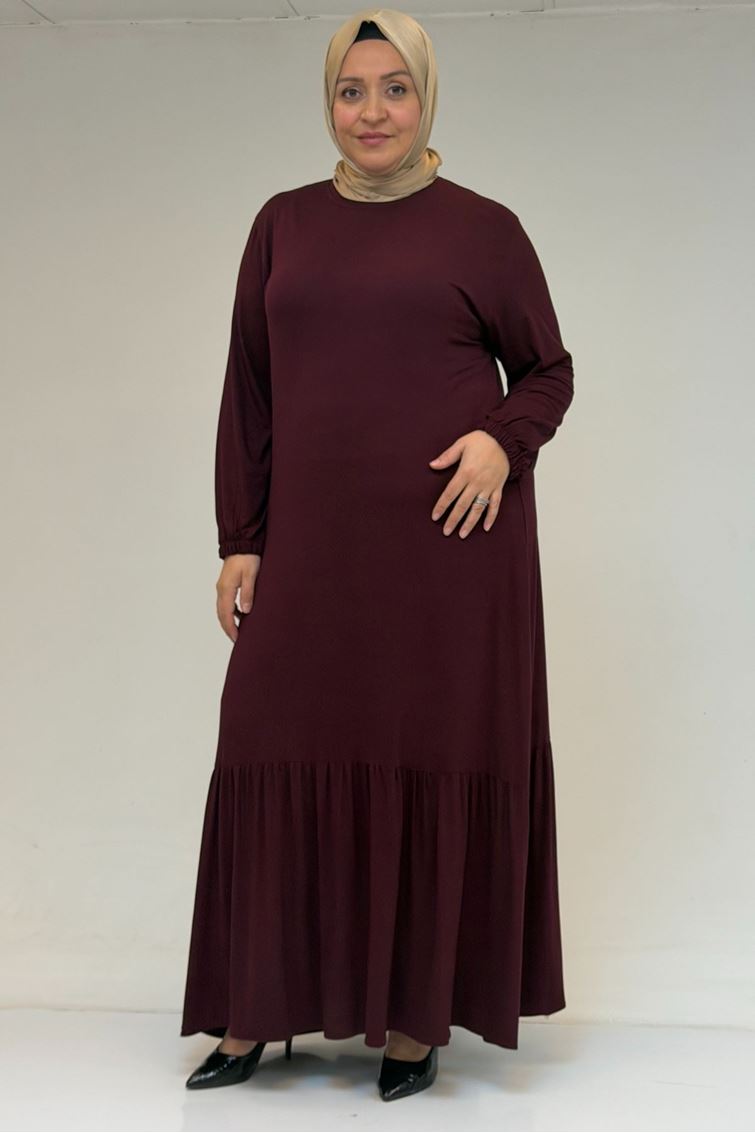 52034 Büyük Beden Eteği Fırfrılı Penye Elbise - Bordo