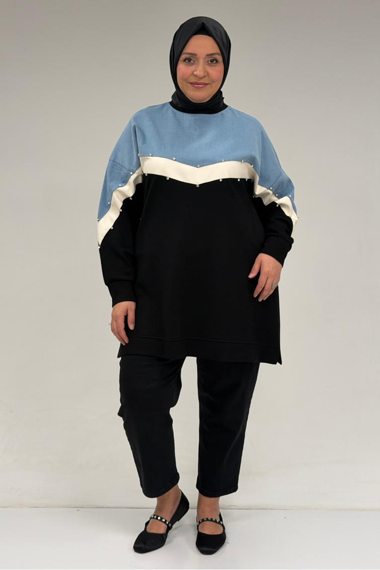58084 Büyük Beden Parçalı Taş Detaylı Modal Tunik - Siyah