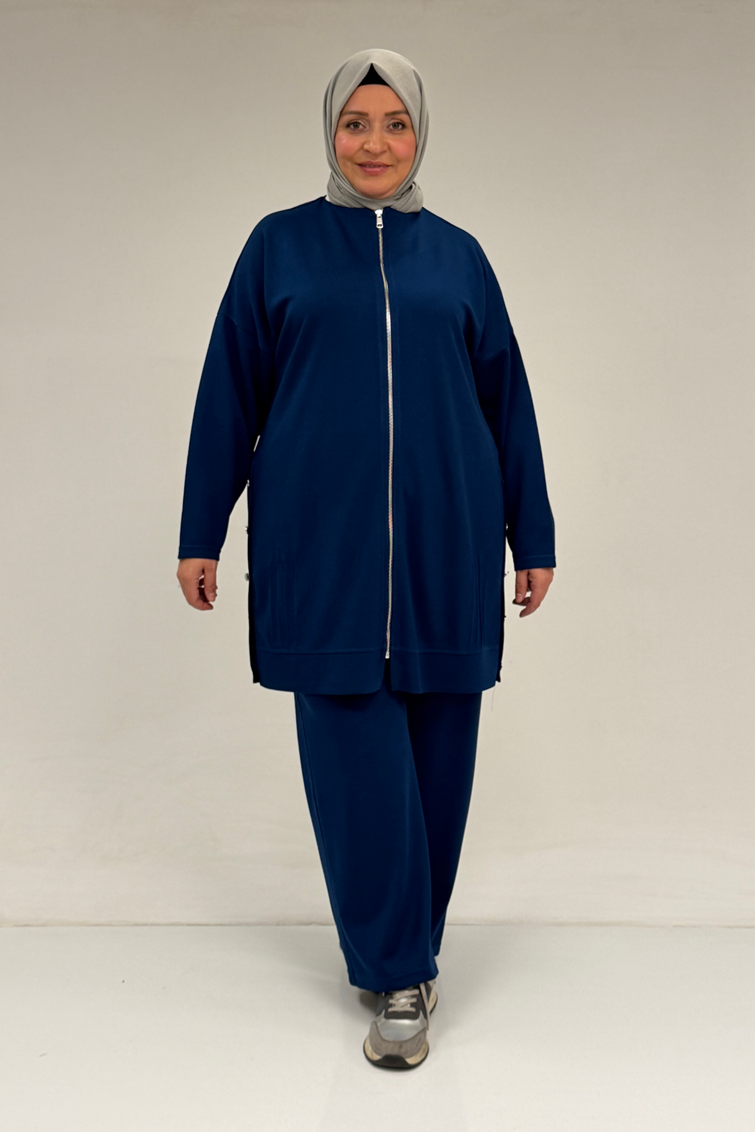 47090 Büyük Beden Pile Detaylı Modal Pantolonlu Takım - İndigo