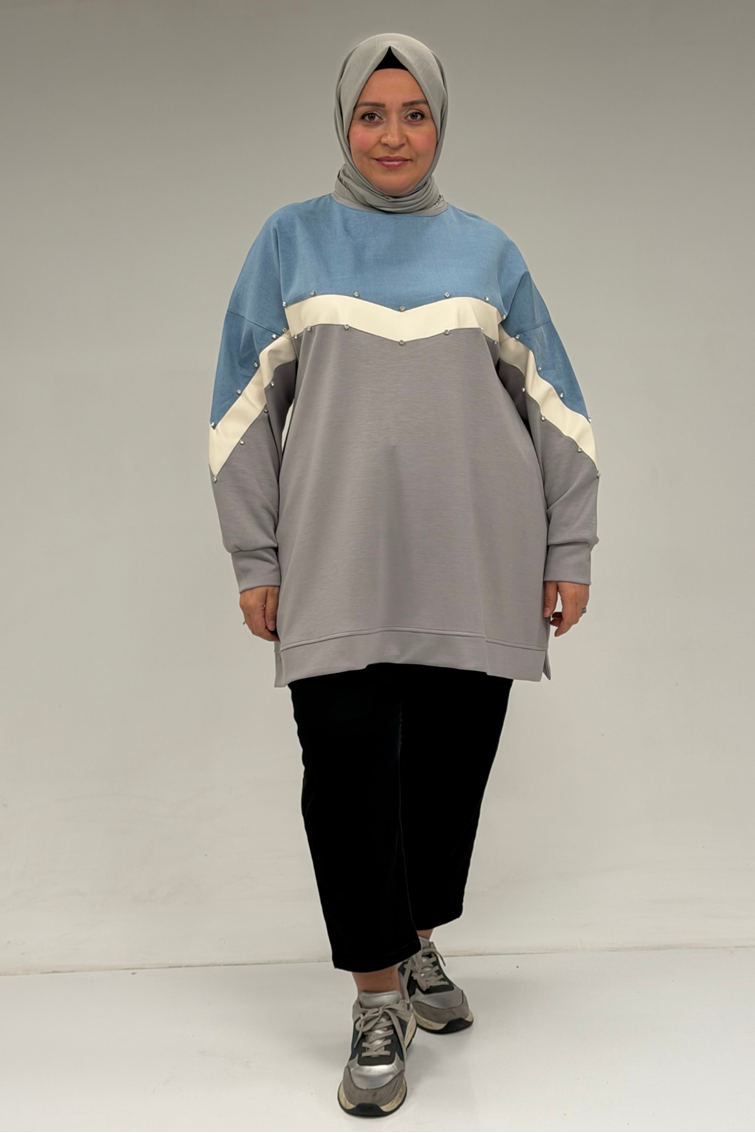 58084 Büyük Beden Parçalı Taş Detaylı Modal Tunik - Gri