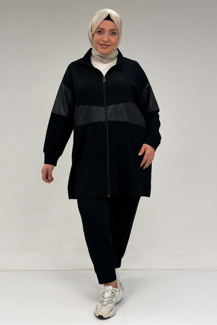 47098 Büyük Beden Waterport Garnili Modal Pantolonlu Takım - Siyah